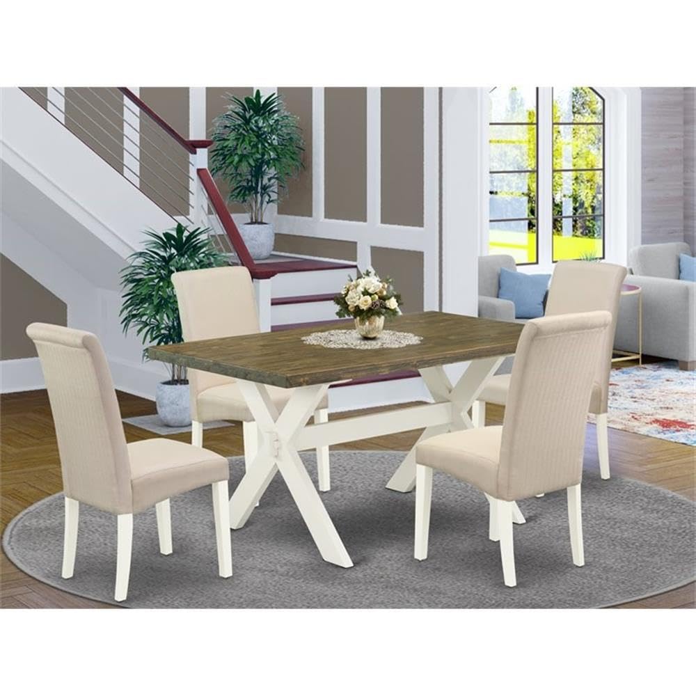 East West Furniture X076Ba201-5 5 Piece Dinette Set Includes A Rectangle Dining Room Table With X-Legs And 4 Cream Linen Fabric Upholstered Parson Chairs, 36X60 Inch, Multi-Color